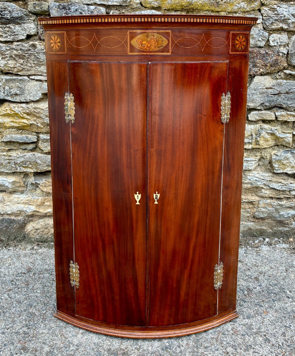 Georgian Mahogany Inlaid Bow Front Corner Cupboard