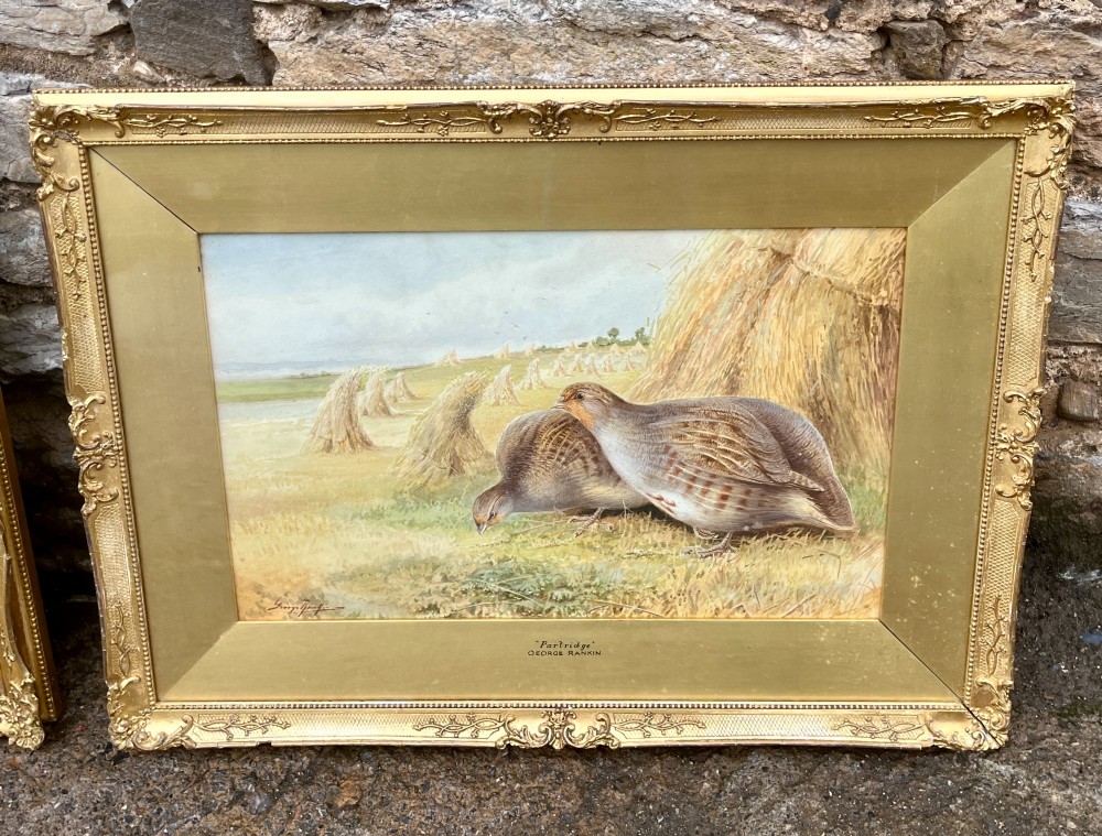 A pair of gilt-framed watercolour paintings depicting red grouse and partridge in rural landscape settings. View II