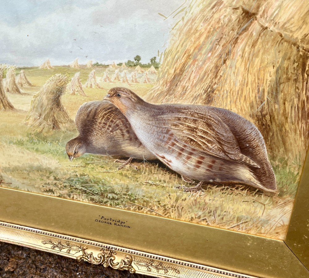 A pair of gilt-framed watercolour paintings depicting red grouse and partridge in rural landscape settings. View III