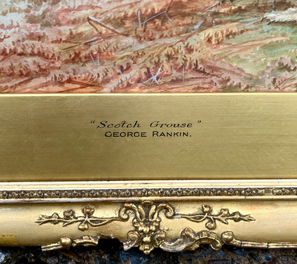 A pair of gilt-framed watercolour paintings depicting red grouse and partridge in rural landscape settings. View IX