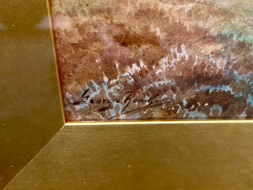 A pair of gilt-framed watercolour paintings depicting red grouse and partridge in rural landscape settings. View X