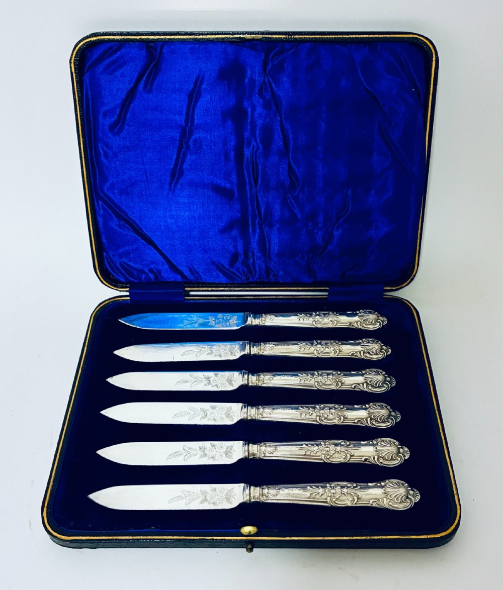 Set of 6 Antique Silver Handled Fruit Knifes