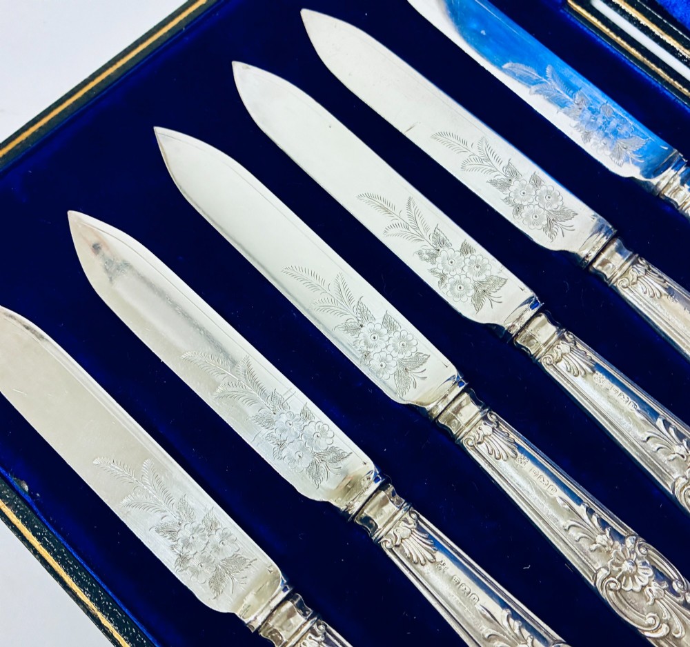 A cased set of six silver-handled fruit knives with floral engraved blades, displayed inside a blue velvet-lined presentation box. View IV