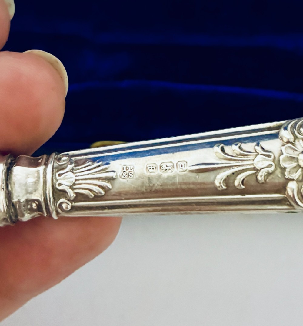 A cased set of six silver-handled fruit knives with floral engraved blades, displayed inside a blue velvet-lined presentation box. View VI