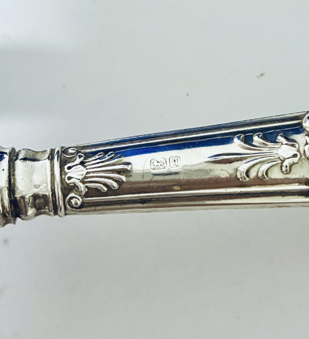 A cased set of six silver-handled fruit knives with floral engraved blades, displayed inside a blue velvet-lined presentation box. View VII