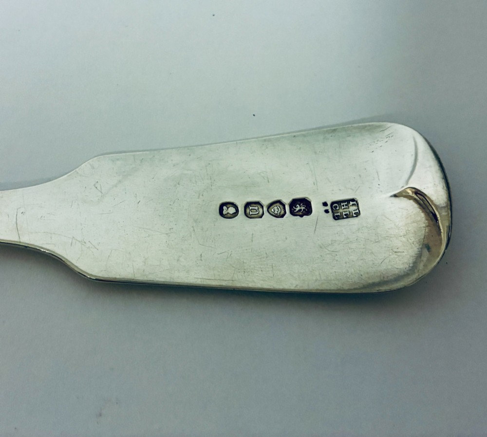 A Georgian sterling silver serving spoon featuring a polished oval bowl and a classic fiddle pattern handle resting against a plain light background. View VIII
