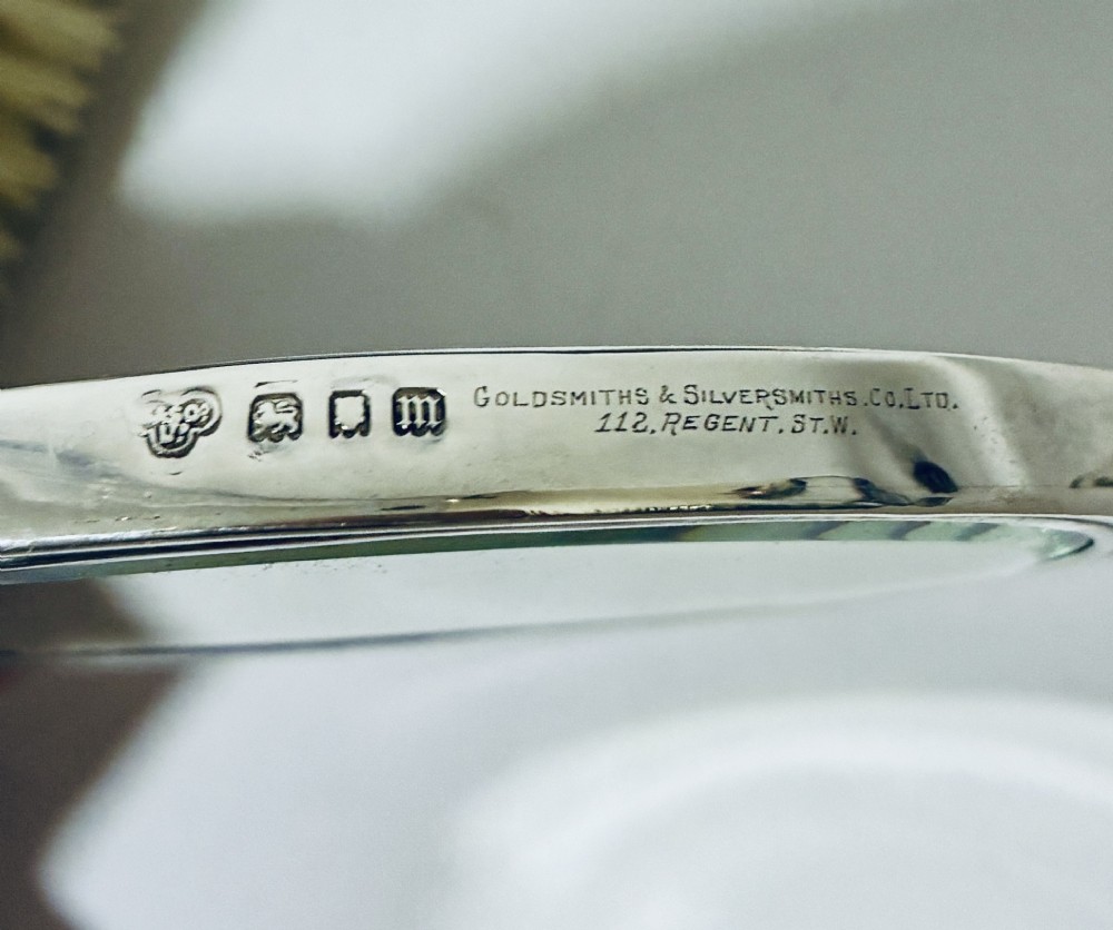 An open blue fitted presentation case displaying two silver-mounted brushes with light-coloured natural bristles against a grey velvet interior. View VII