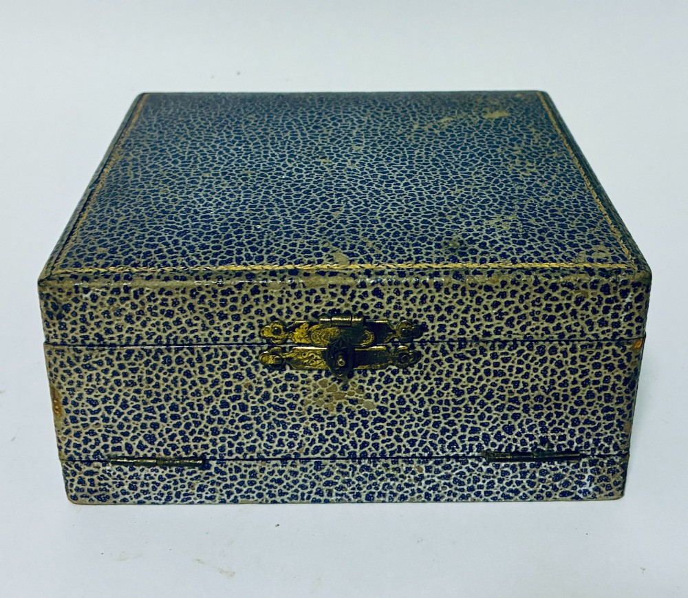 An open blue fitted presentation case displaying two silver-mounted brushes with light-coloured natural bristles against a grey velvet interior. View X