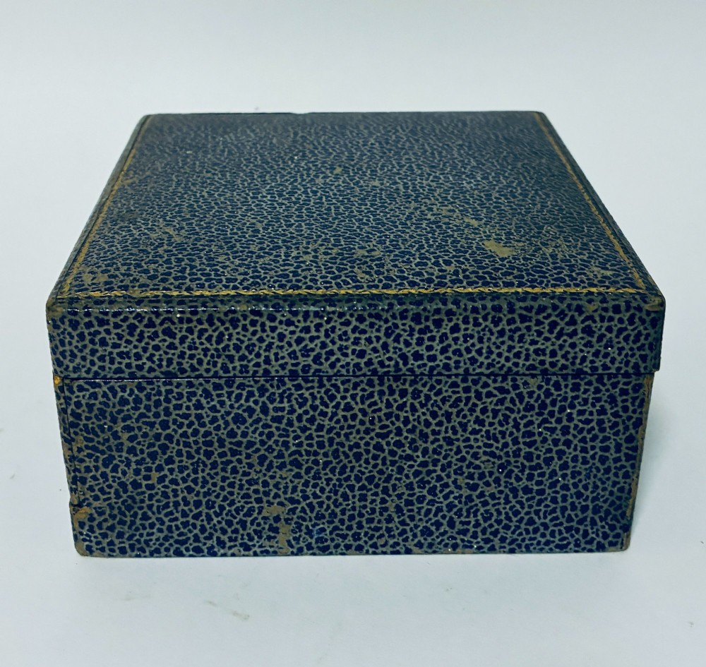 An open blue fitted presentation case displaying two silver-mounted brushes with light-coloured natural bristles against a grey velvet interior. View XII