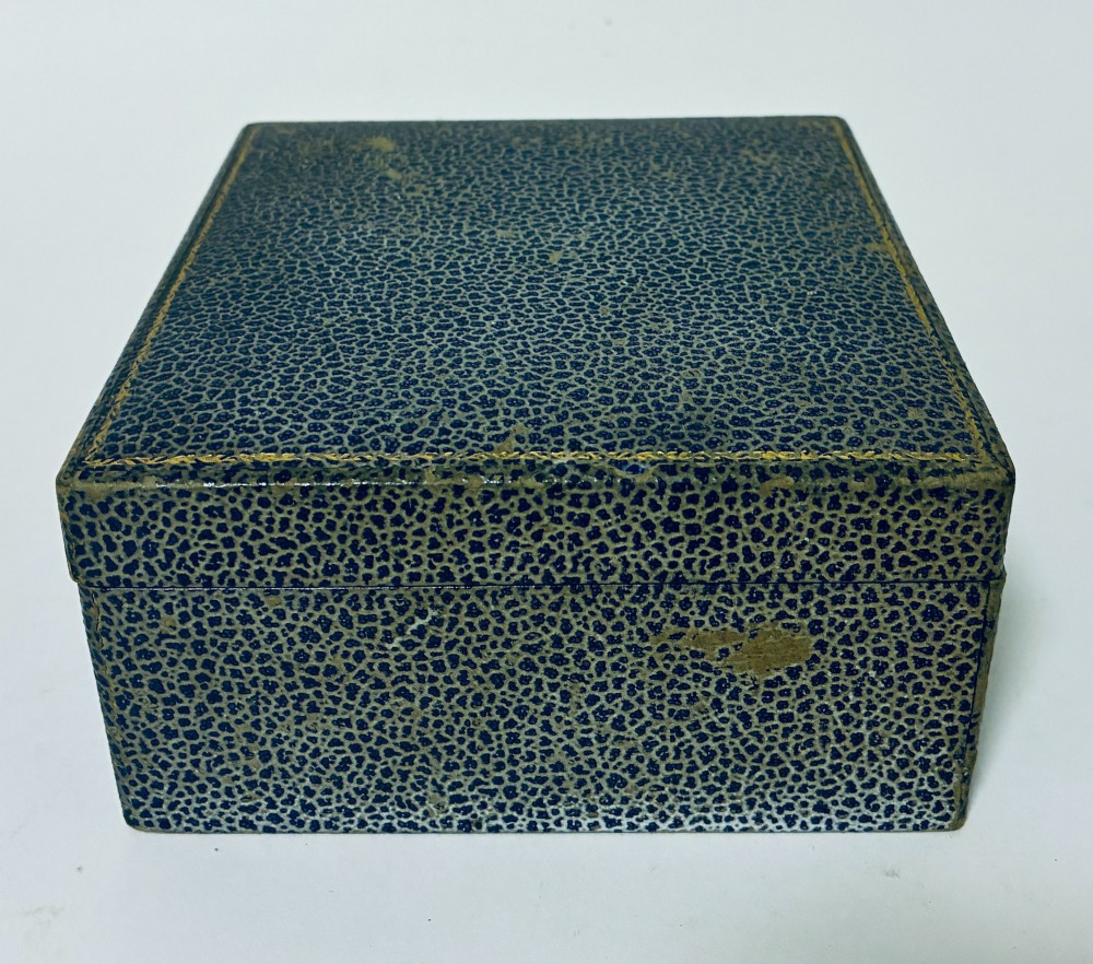 An open blue fitted presentation case displaying two silver-mounted brushes with light-coloured natural bristles against a grey velvet interior. View XIV