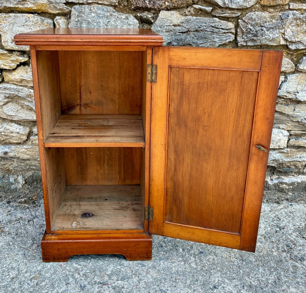 An Edwardian warm brown walnut pot cupboard featuring a single panelled door with a brass handle and reeded side moulding. View V