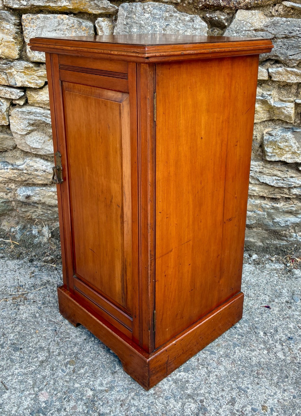 An Edwardian warm brown walnut pot cupboard featuring a single panelled door with a brass handle and reeded side moulding. View VII