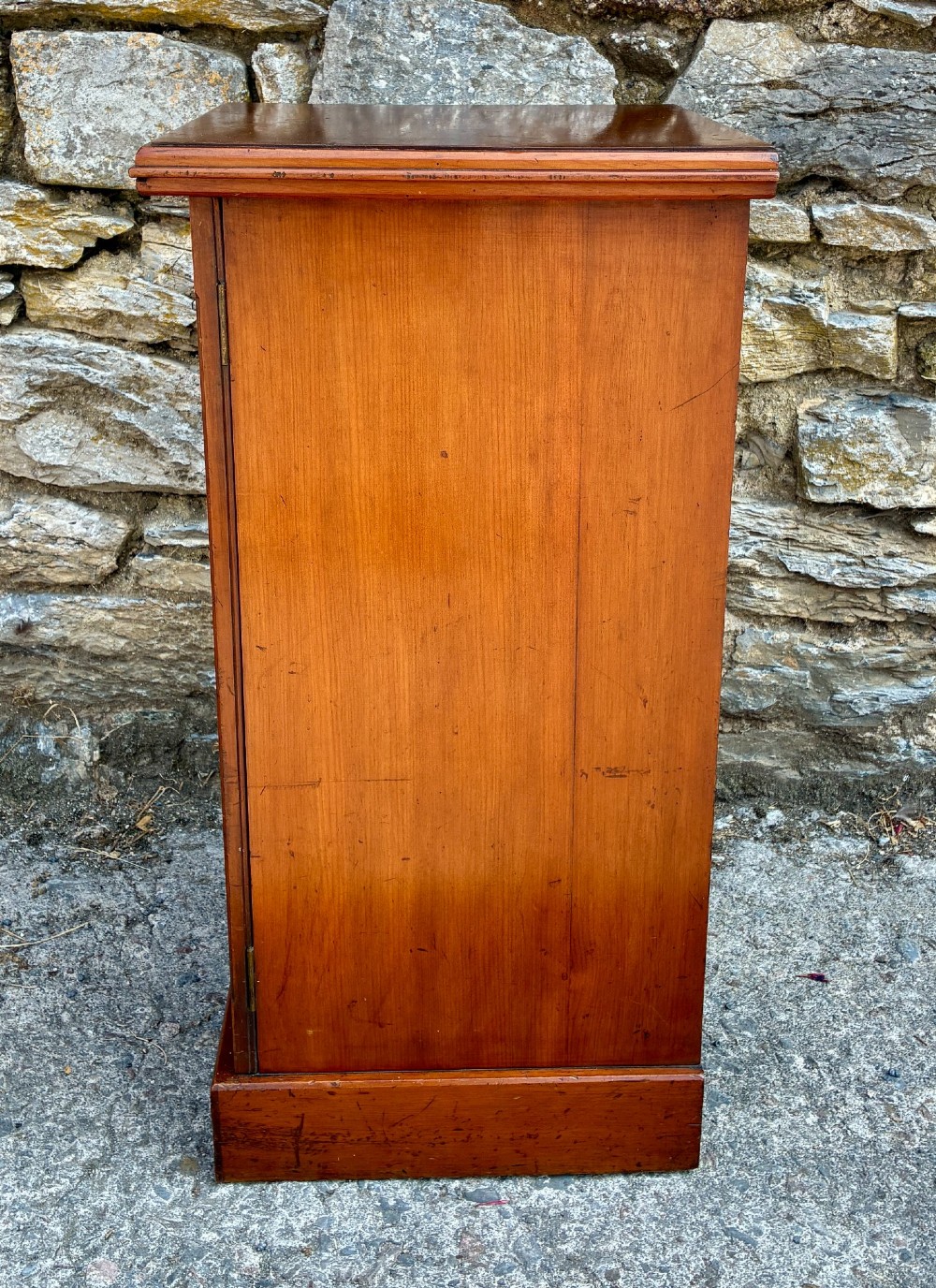 An Edwardian warm brown walnut pot cupboard featuring a single panelled door with a brass handle and reeded side moulding. View VIII