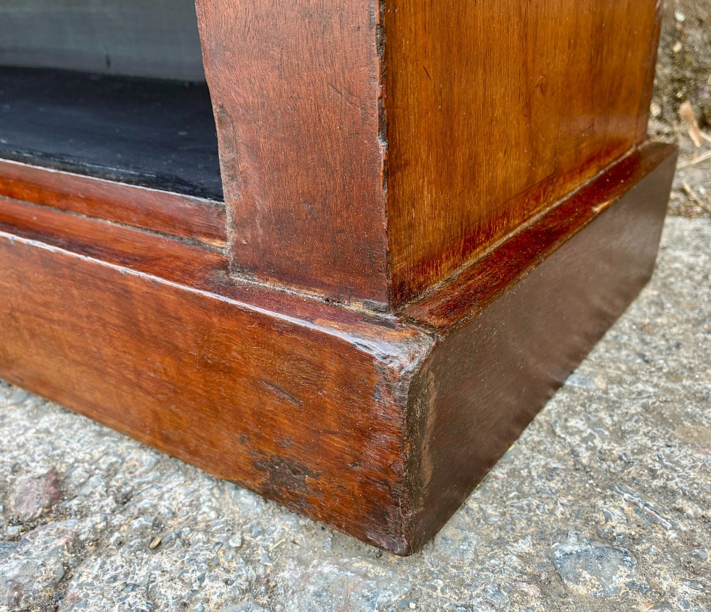 An antique Victorian open mahogany bookcase with four adjustable shelves and a dark painted interior. View VIII