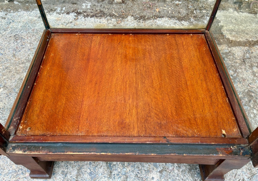 A tall, slim mahogany shop display cabinet featuring glass side panels, a single glazed door, three interior glass shelves, and brass catches. View XIV