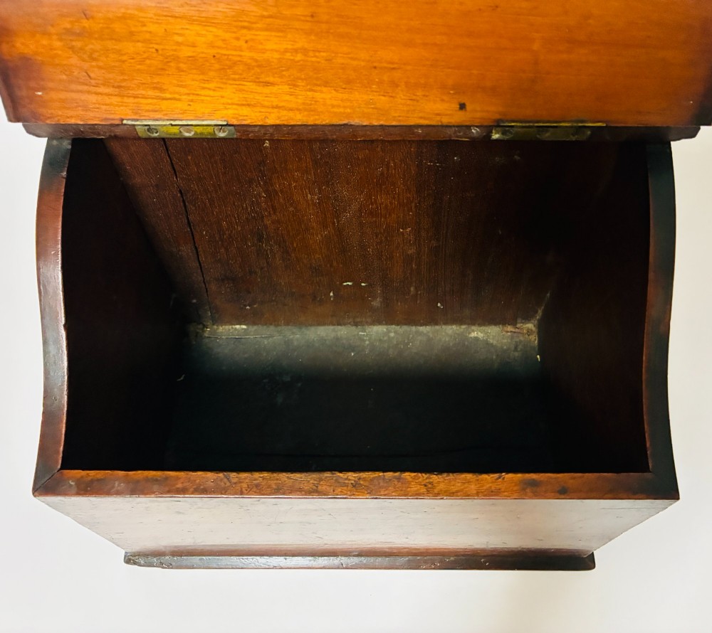 A dark mahogany Georgian hanging salt box with a curved hinged lid and a shaped backplate featuring a circular hanging hole. View V