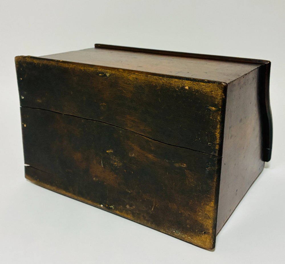 A dark mahogany Georgian hanging salt box with a curved hinged lid and a shaped backplate featuring a circular hanging hole. View XIII