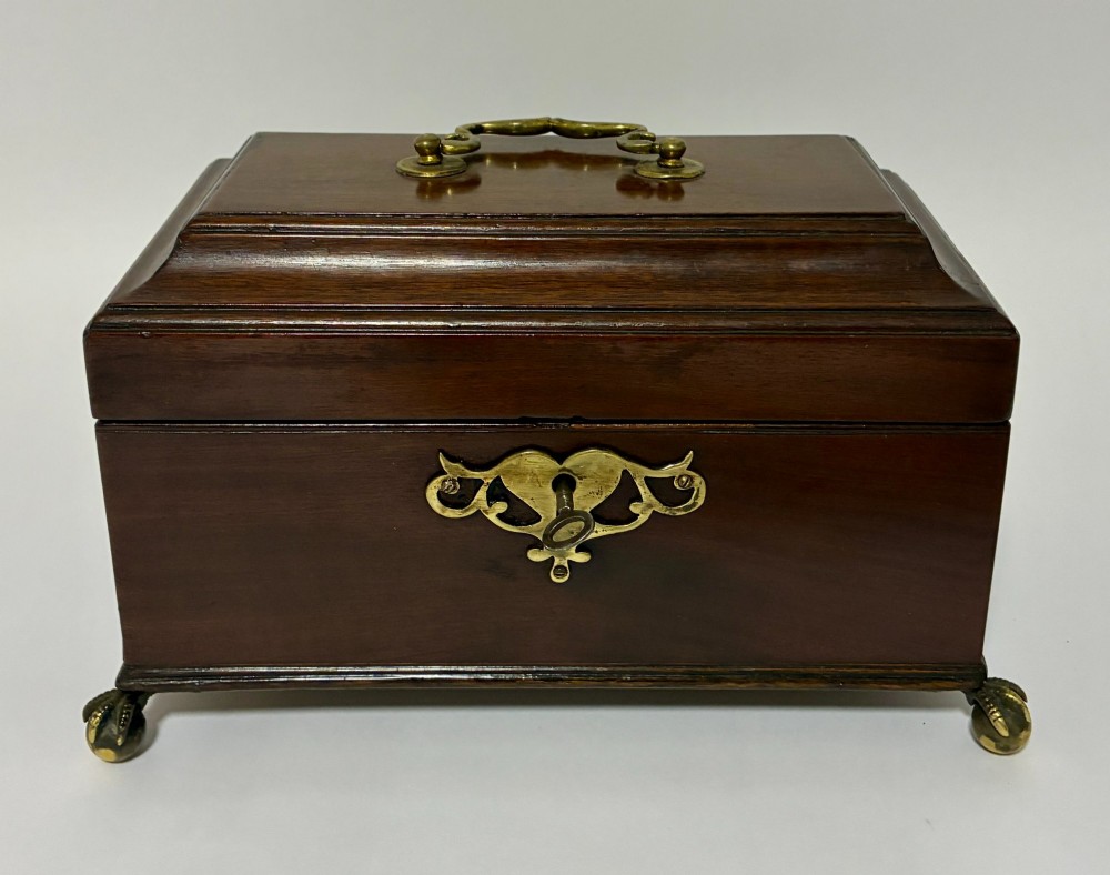 A rectangular George III mahogany tea caddy with a stepped lid, top brass swing handle, pierced brass escutcheon with key, and four brass claw-and-ball feet.