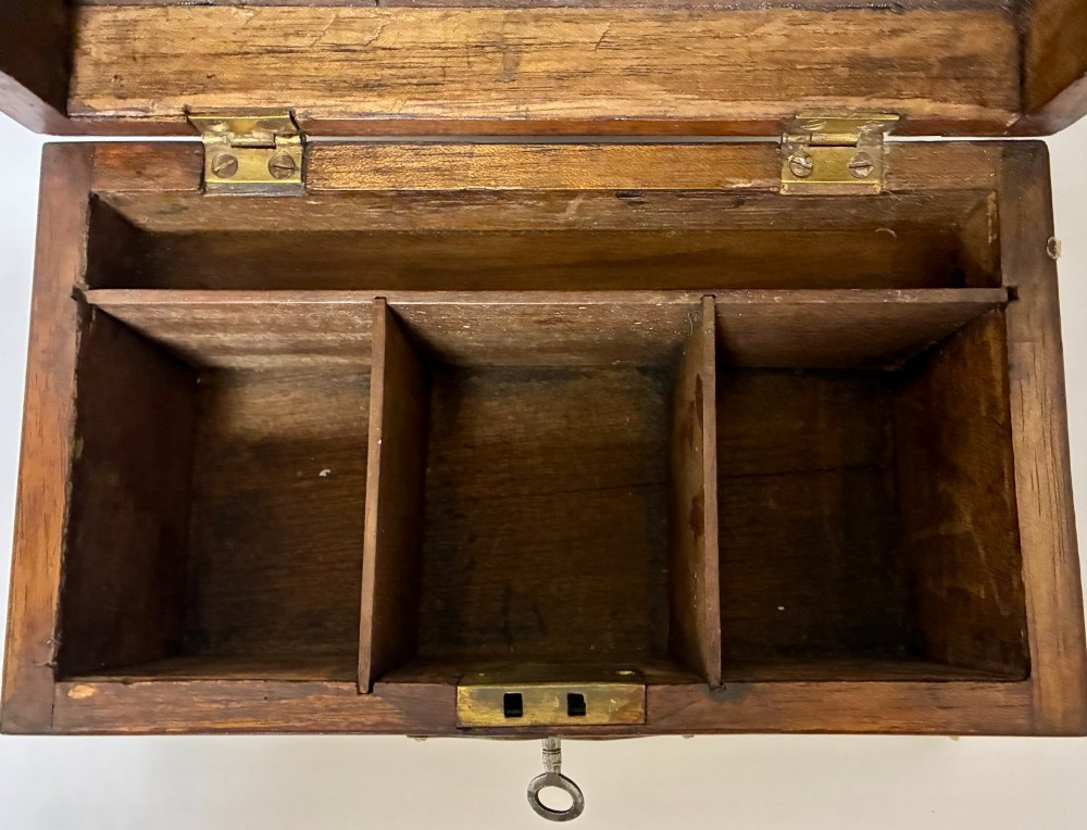 A rectangular George III mahogany tea caddy with a stepped lid, top brass swing handle, pierced brass escutcheon with key, and four brass claw-and-ball feet. View III