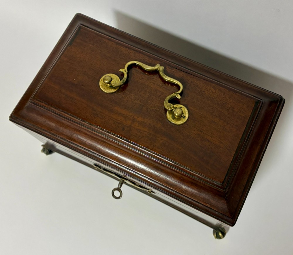 A rectangular George III mahogany tea caddy with a stepped lid, top brass swing handle, pierced brass escutcheon with key, and four brass claw-and-ball feet. View VI