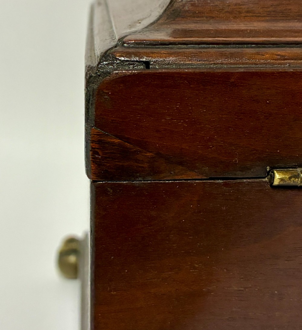 A rectangular George III mahogany tea caddy with a stepped lid, top brass swing handle, pierced brass escutcheon with key, and four brass claw-and-ball feet. View XI