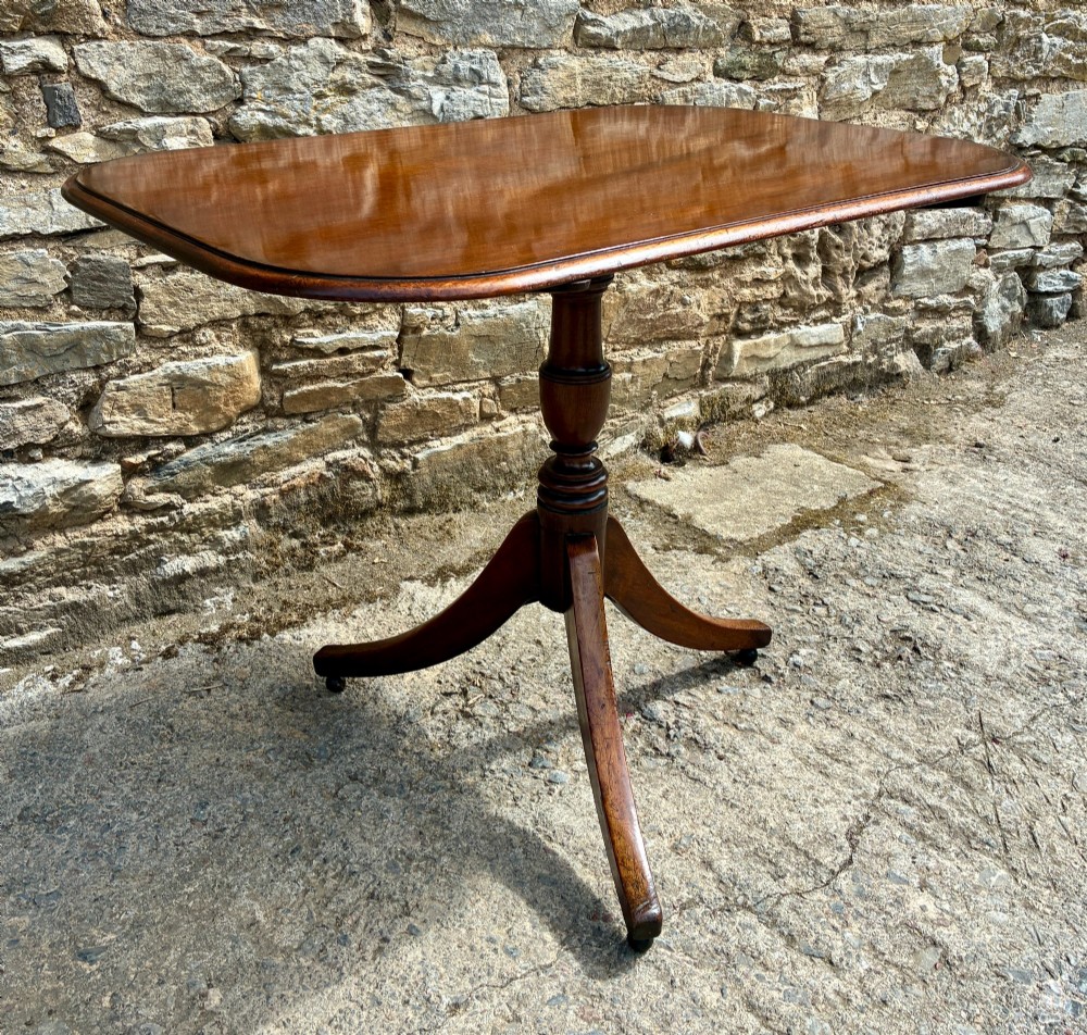 A Victorian mahogany tilt-top table featuring a polished rounded rectangular surface set on a turned pedestal column with three splayed legs. View IV