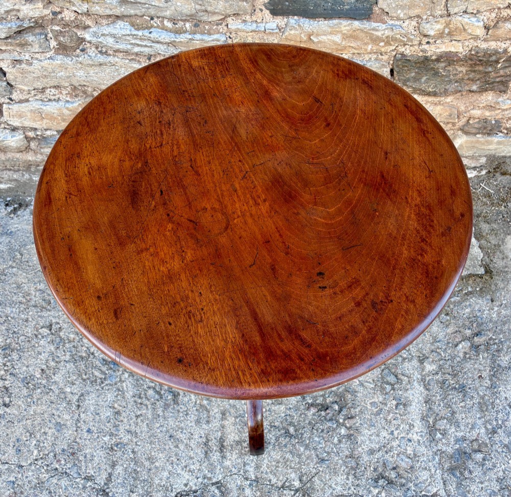 An antique Regency mahogany wine table featuring a circular top, turned pedestal stem, and three cabriole tripod legs. View V