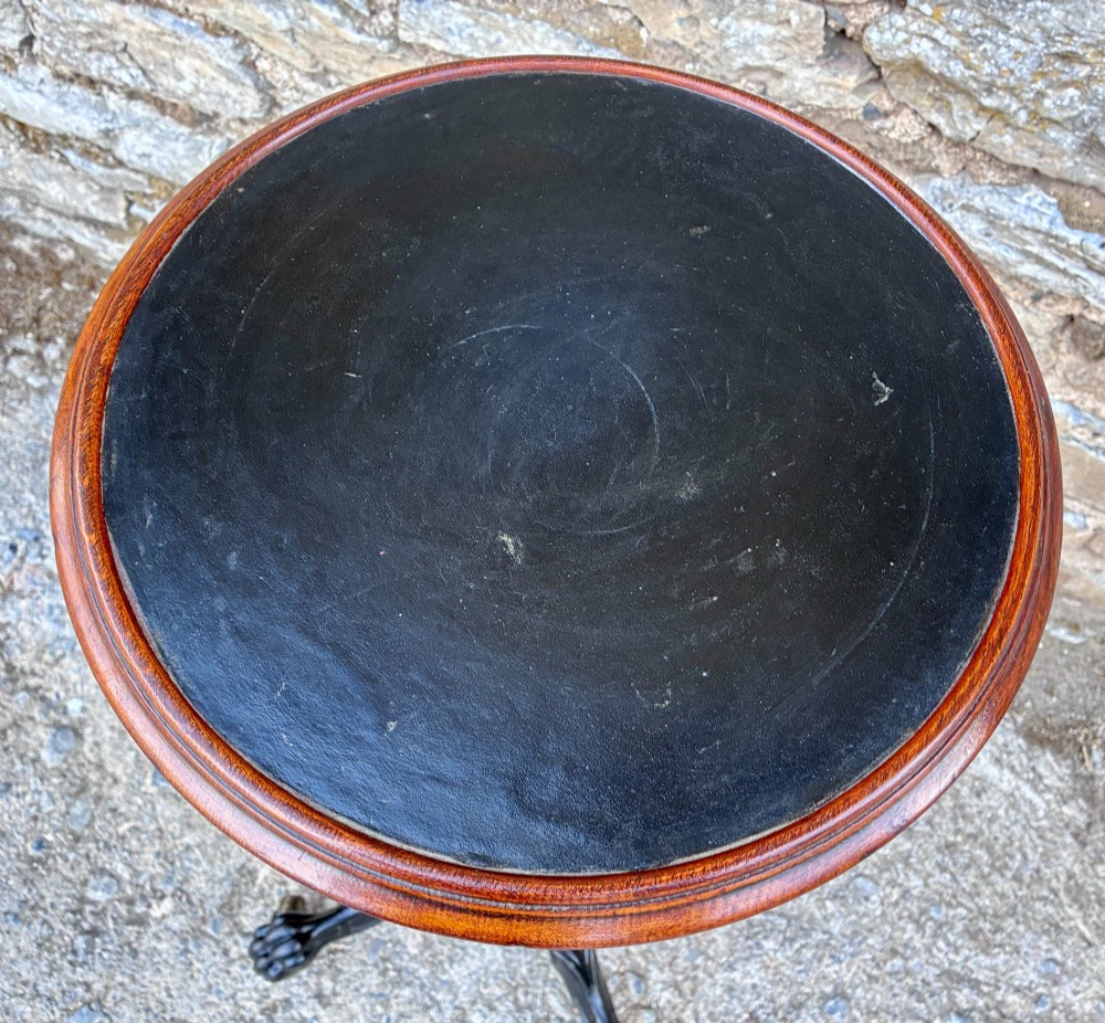 Victorian adjustable display stand featuring a round mahogany top, a brass telescoping stem, and a black cast iron paw-foot base. View VIII