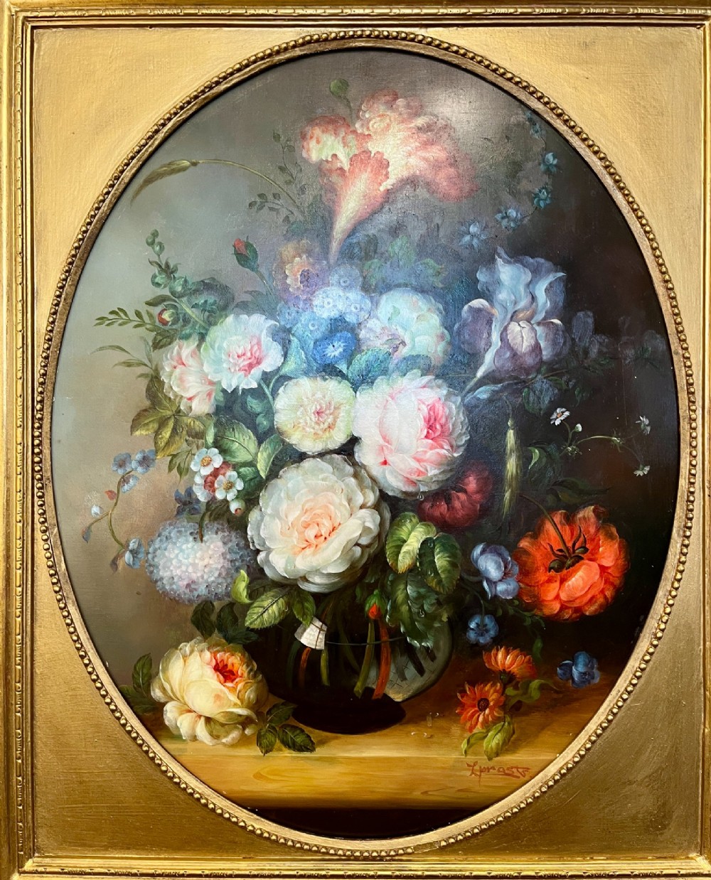 A pair of oil paintings on board featuring floral bouquets framed within oval apertures inside ornate gold frames. View III