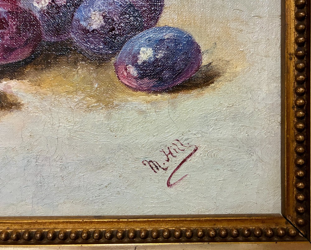 A pair of rectangular oil paintings depicting plums and cherries spilling from woven baskets in gilt wood frames. View IV