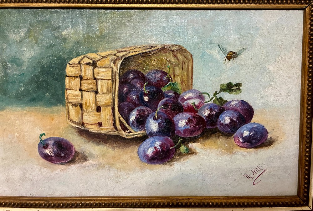 A pair of rectangular oil paintings depicting plums and cherries spilling from woven baskets in gilt wood frames. View V