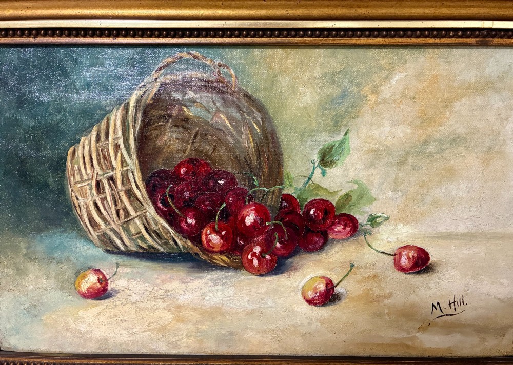 A pair of rectangular oil paintings depicting plums and cherries spilling from woven baskets in gilt wood frames. View VI