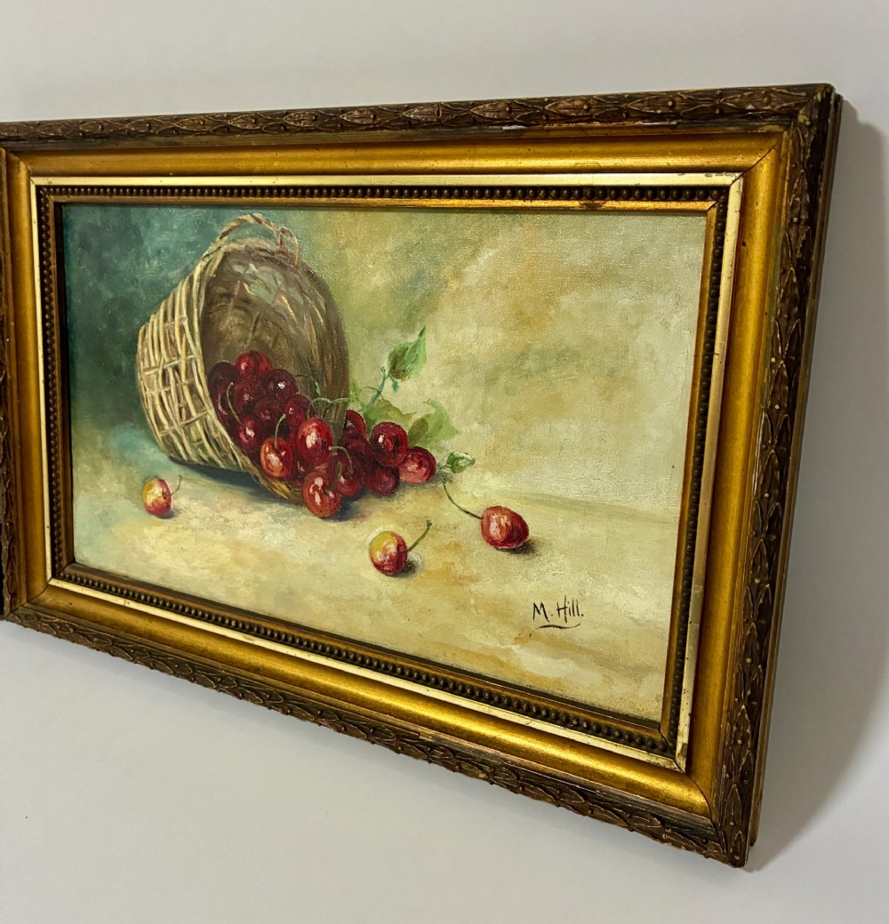 A pair of rectangular oil paintings depicting plums and cherries spilling from woven baskets in gilt wood frames. View VIII