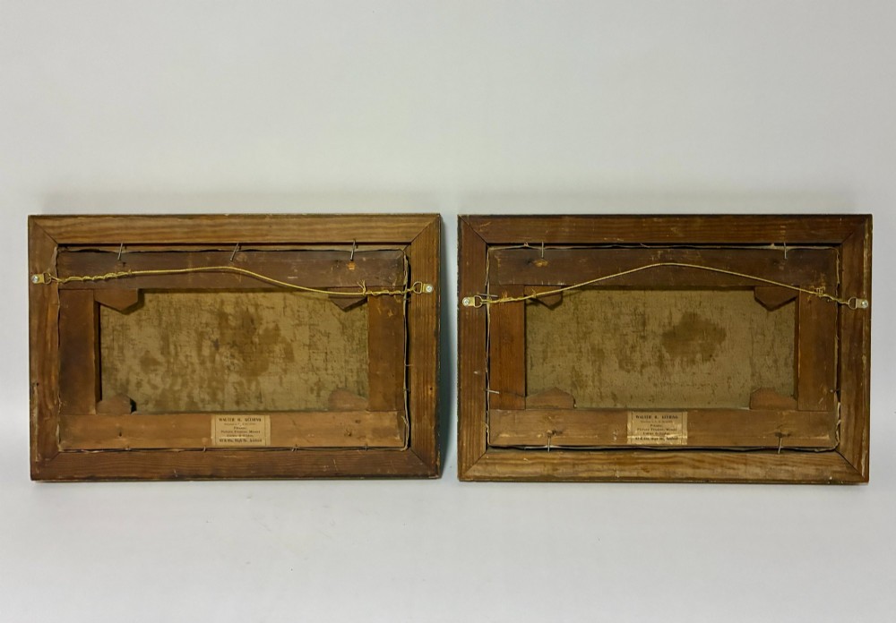 A pair of rectangular oil paintings depicting plums and cherries spilling from woven baskets in gilt wood frames. View IX