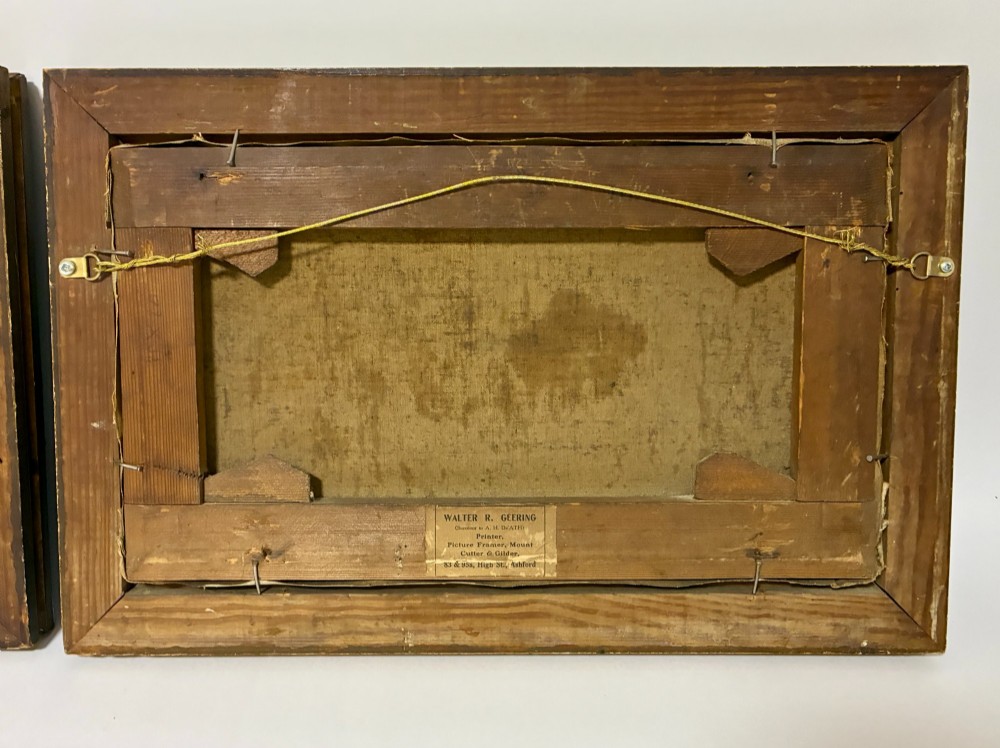 A pair of rectangular oil paintings depicting plums and cherries spilling from woven baskets in gilt wood frames. View X