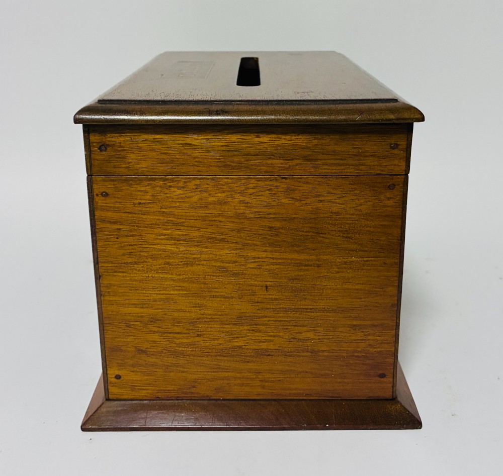 An antique mahogany tabletop letter box featuring a top posting slot, carved LETTERS plaque, key lock mechanism, and bevelled glass front panel. View VII