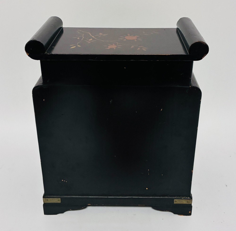 A black lacquered Japanese tabletop cabinet featuring hand-painted botanical motifs and decorative engraved brass corner mounts. View XI