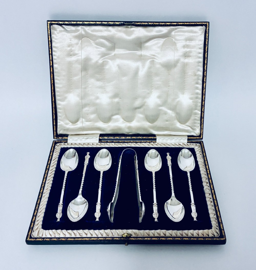 Set of 6 Antique Silver Apostle Spoons and Tongs