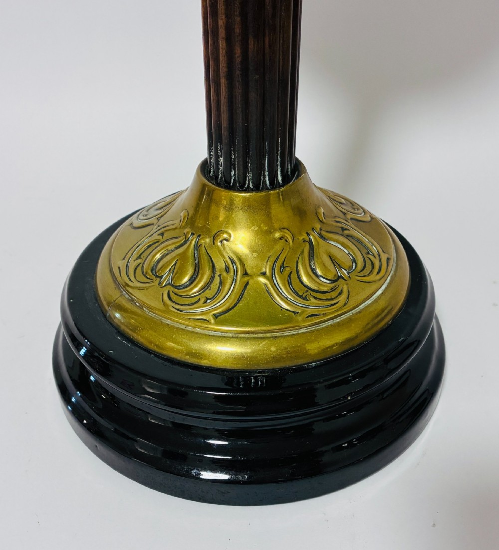 A Victorian oil lamp featuring an etched frosted glass shade, a turquoise enamelled font, and a brass column on a dark stepped base. View III