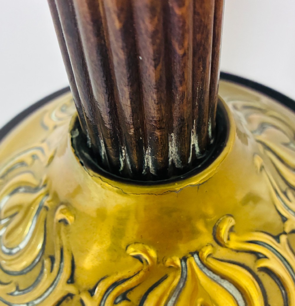 A Victorian oil lamp featuring an etched frosted glass shade, a turquoise enamelled font, and a brass column on a dark stepped base. View XV