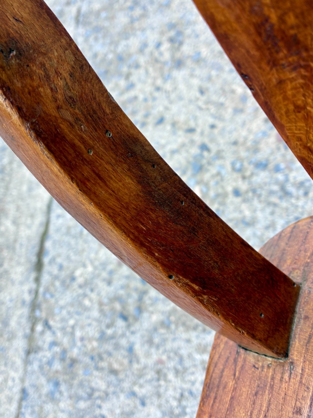 A set of six Victorian country dining chairs featuring curved top rails, vertical lathe back slats, shaped solid elm seats, and turned legs. View IX