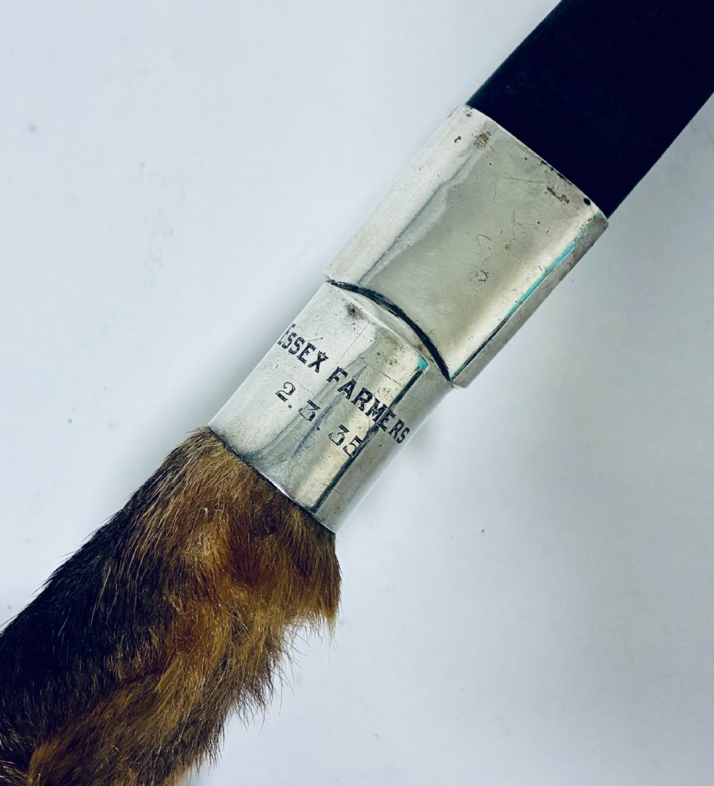 An antique page turner featuring a dark ebony blade connected via a silver collar to an otter paw handle. View V