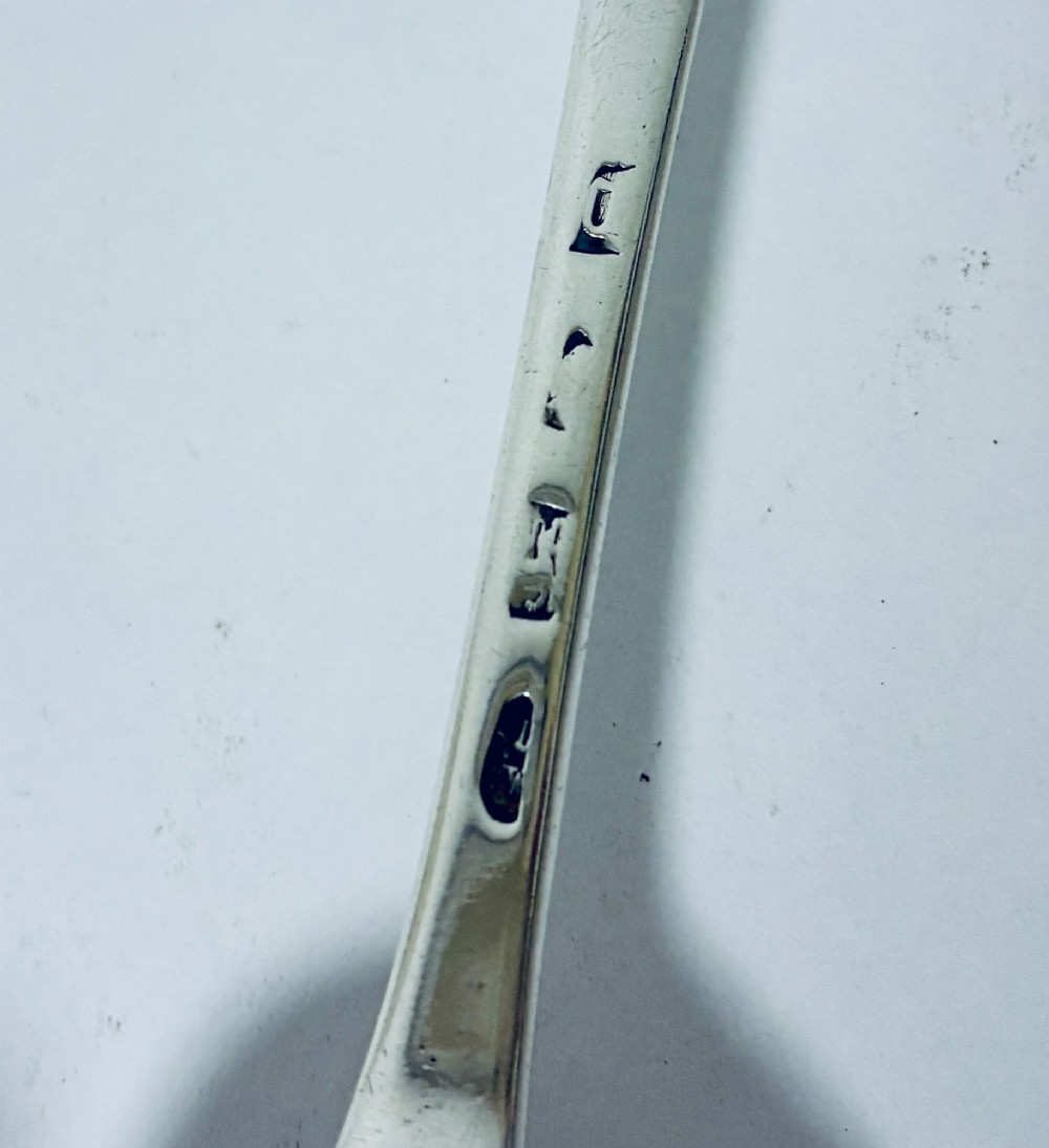 An 18th-century silver serving spoon featuring an elongated oval bowl and a smooth tapered handle. View VIII