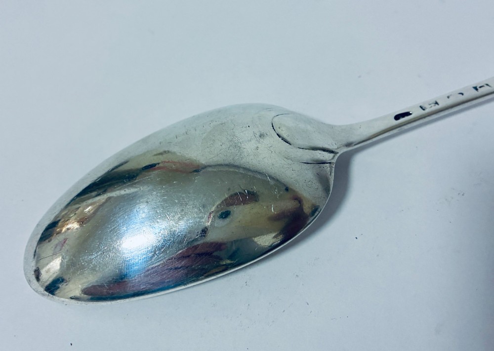 An 18th-century silver serving spoon featuring an elongated oval bowl and a smooth tapered handle. View IX