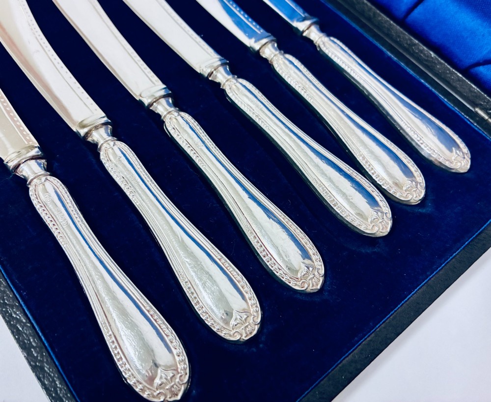 A cased set of six silver-handled butter knives with rounded blades displayed in a dark velvet-lined presentation box. View III