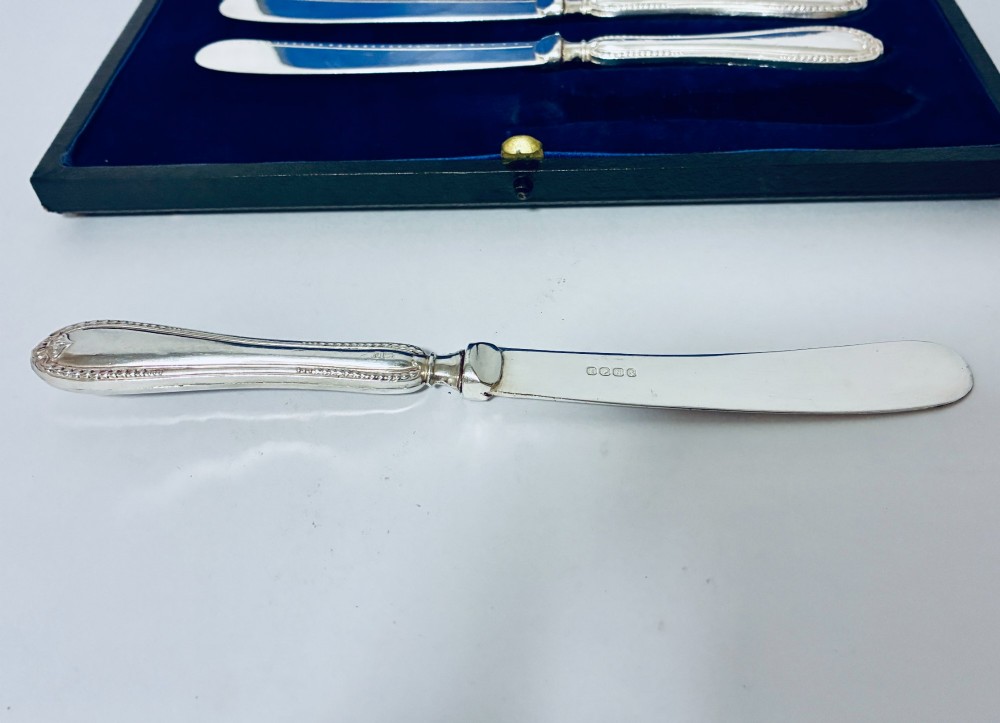 A cased set of six silver-handled butter knives with rounded blades displayed in a dark velvet-lined presentation box. View VI
