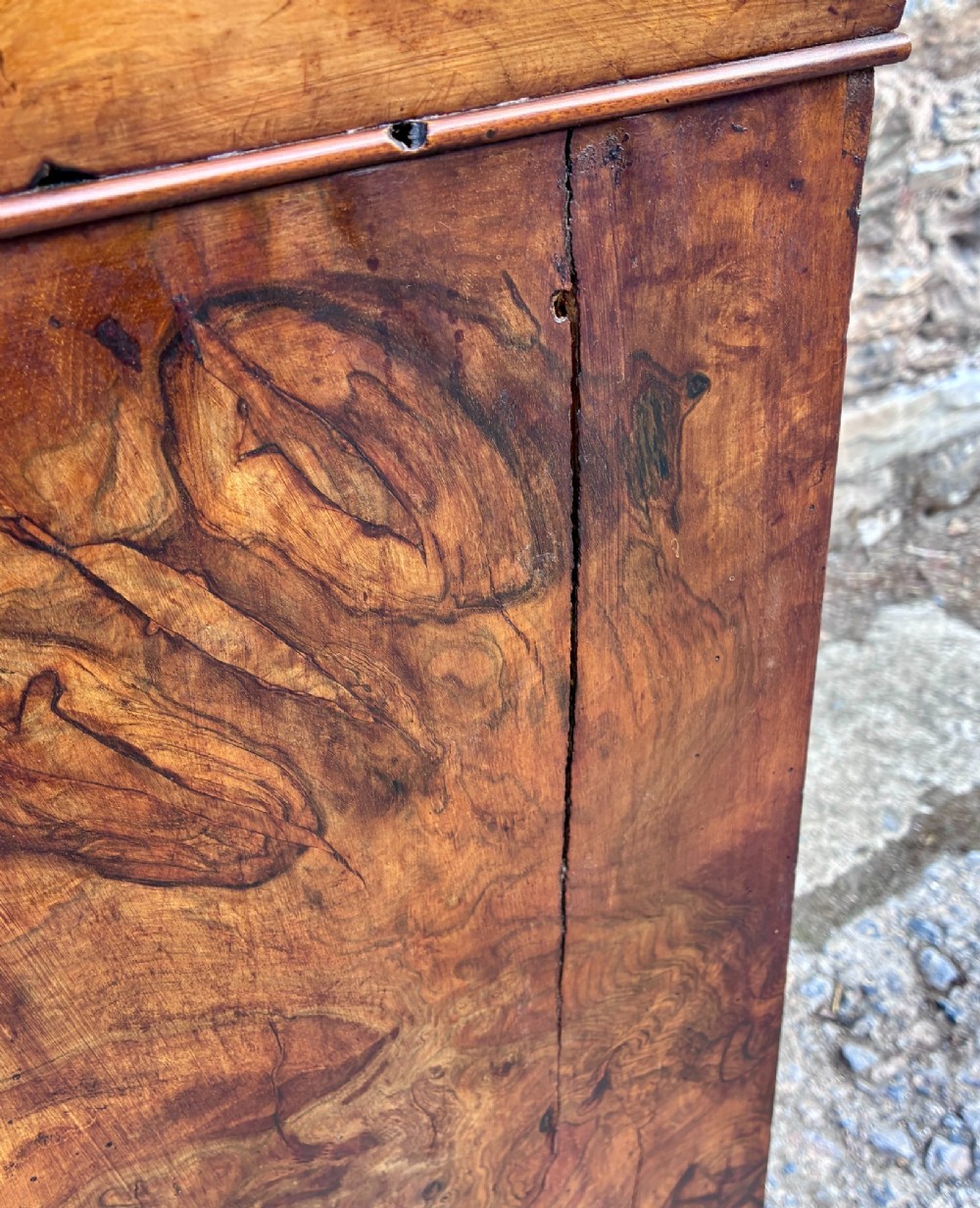 An antique French walnut pot cupboard with a figured burr walnut door panel, frieze drawer, and plinth base. View V