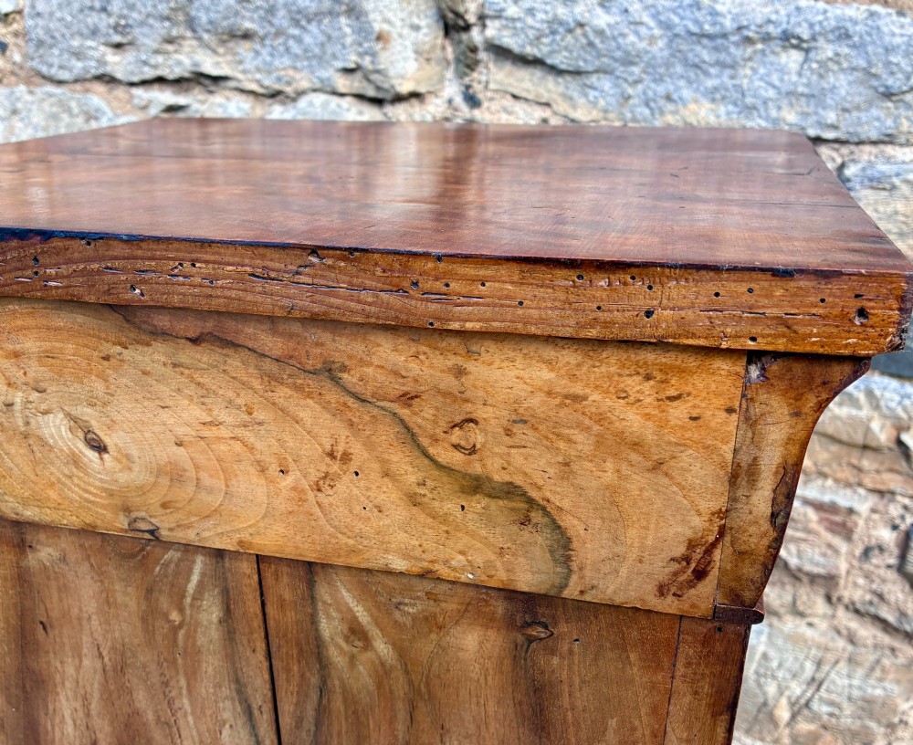 An antique French walnut pot cupboard with a figured burr walnut door panel, frieze drawer, and plinth base. View VIII