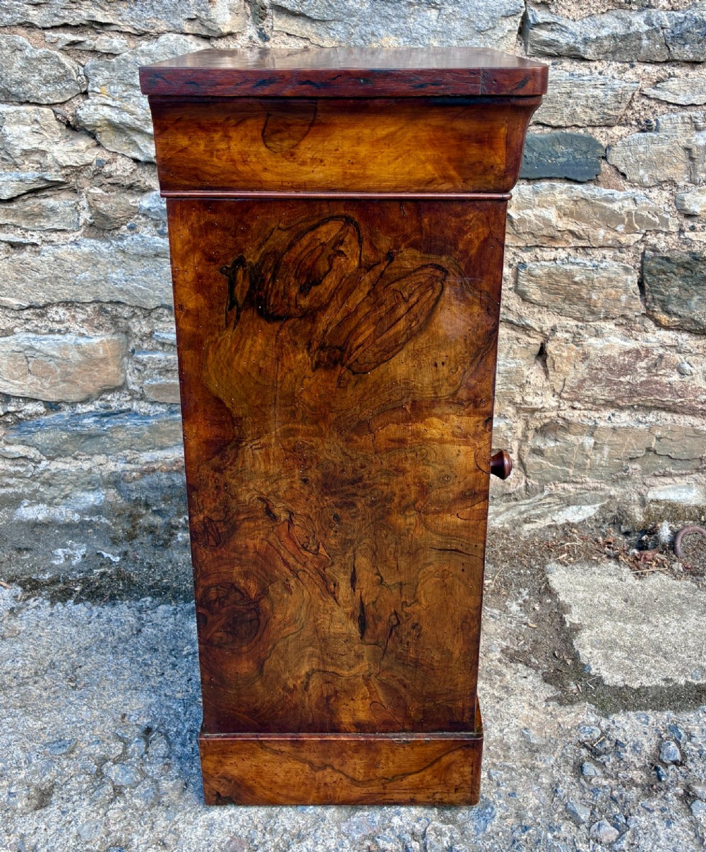 An antique French walnut pot cupboard with a figured burr walnut door panel, frieze drawer, and plinth base. View X