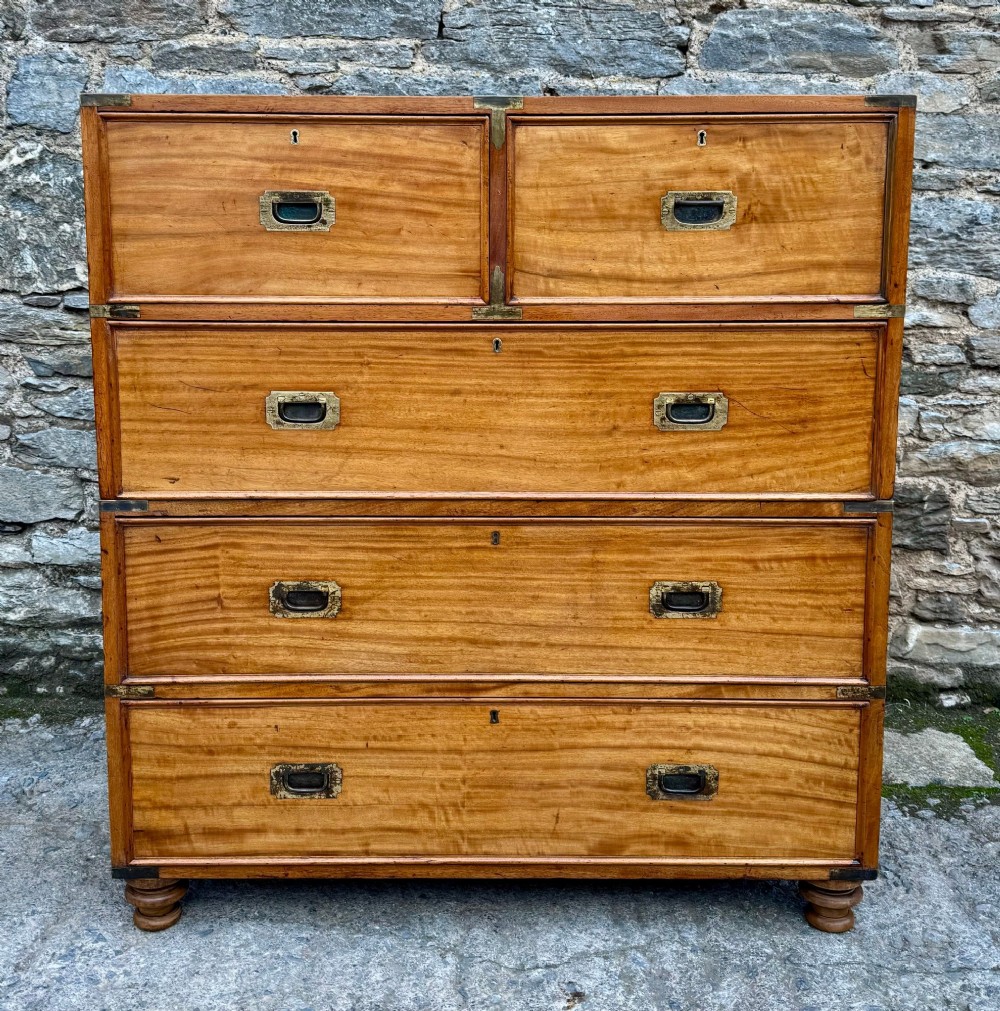 A Victorian camphor wood military campaign chest of drawers featuring two short over three long drawers with flush brass handles, corner straps, and turned feet.